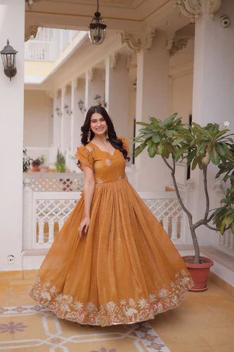 yellow crunchy gown double frill sleeves